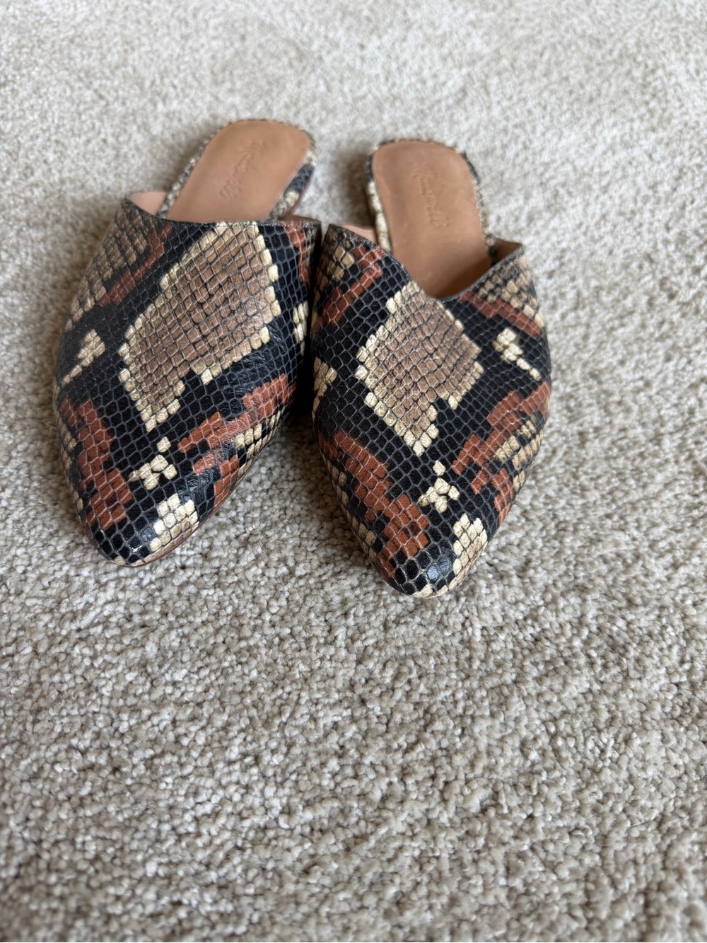Madewell Women's Snake-Print Pointed Slip-On Mules in Black and Brown
